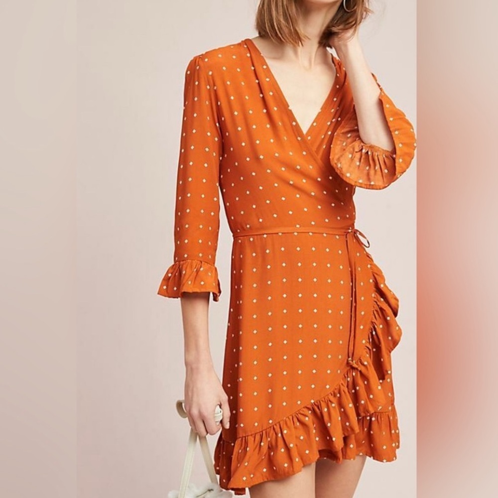 Faithfull the Brand Orange Ruffle Wrap Dress